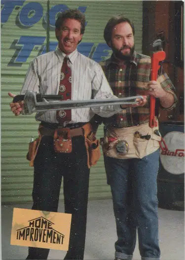 Two men in business and casual attire holding tools for Home Improvement Television series promo card