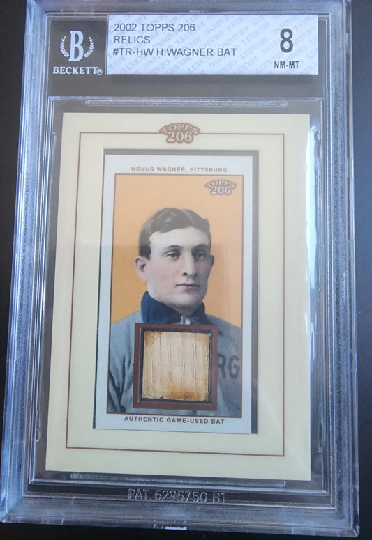 Graded Honus Wagner Topps T206 Bat Card BGS 8 with vintage design and orange background