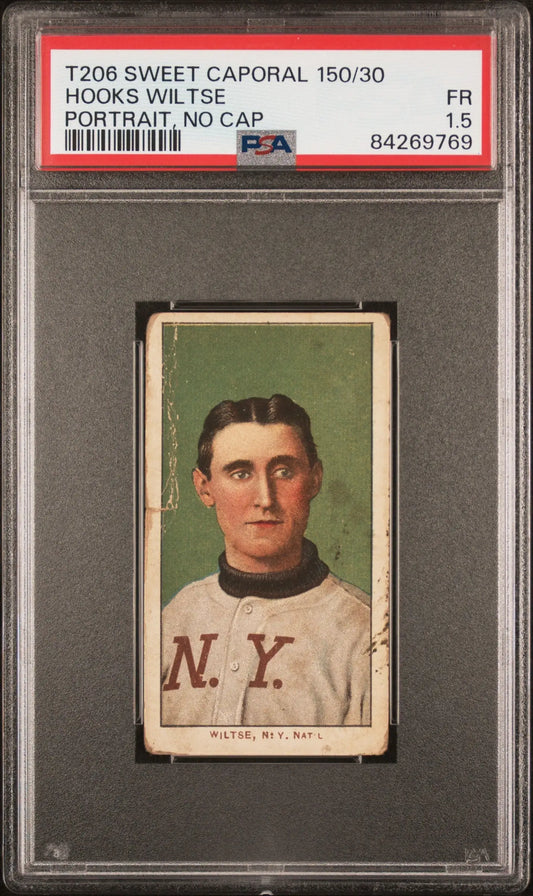 Vintage T206 Sweet Caporal Hooks Wiltse baseball card in PSA 1.5 case with green background