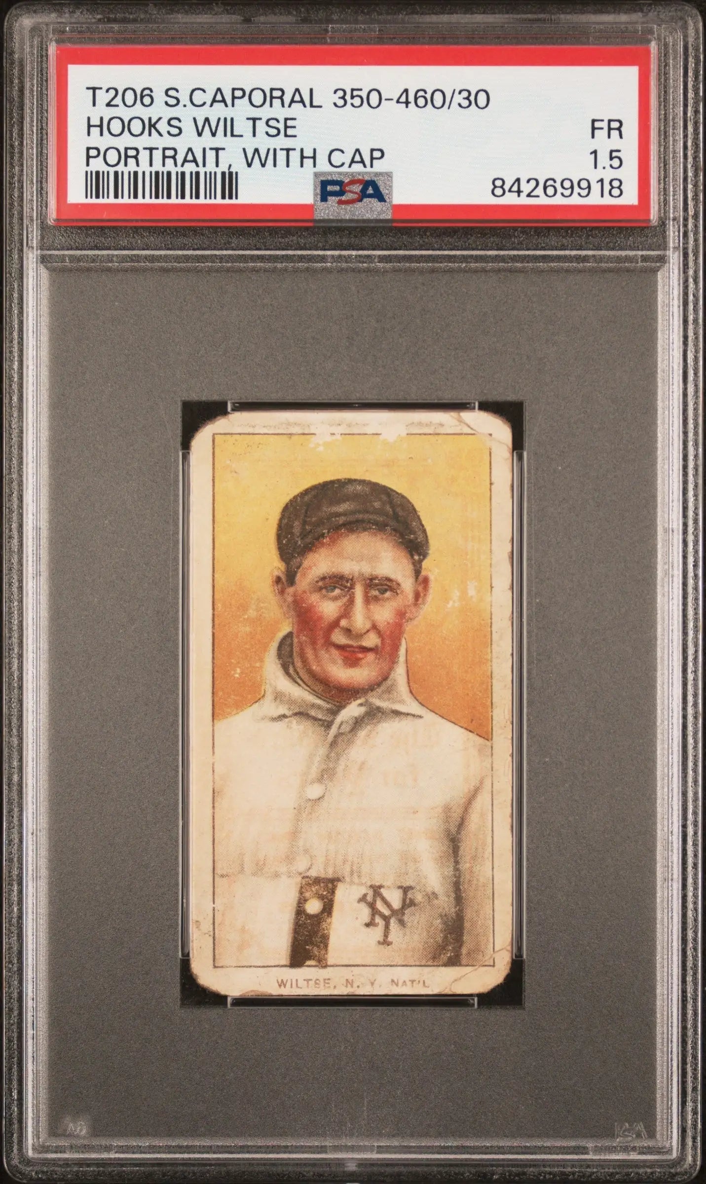 PSA-graded Hooks Wiltse T206 Sweet Caporal baseball card with NY portrait