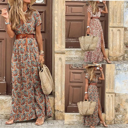 Women’s bohemian paisley print long dress with V-neck, short sleeves, and high slit for summer beach style