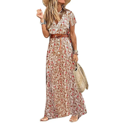 Women’s floral paisley print long dress with V-neck, short sleeves, and belt for summer beach style