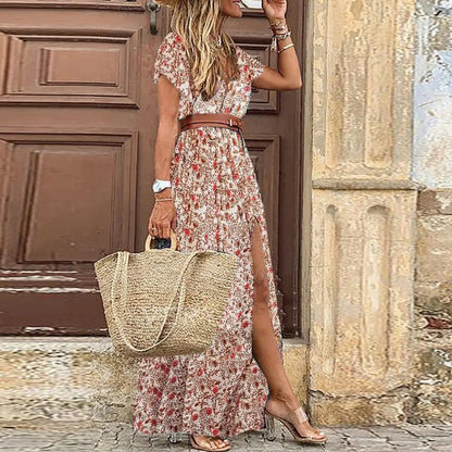 Flowy paisley print long dress with belt, high slit, perfect for summer beach wear