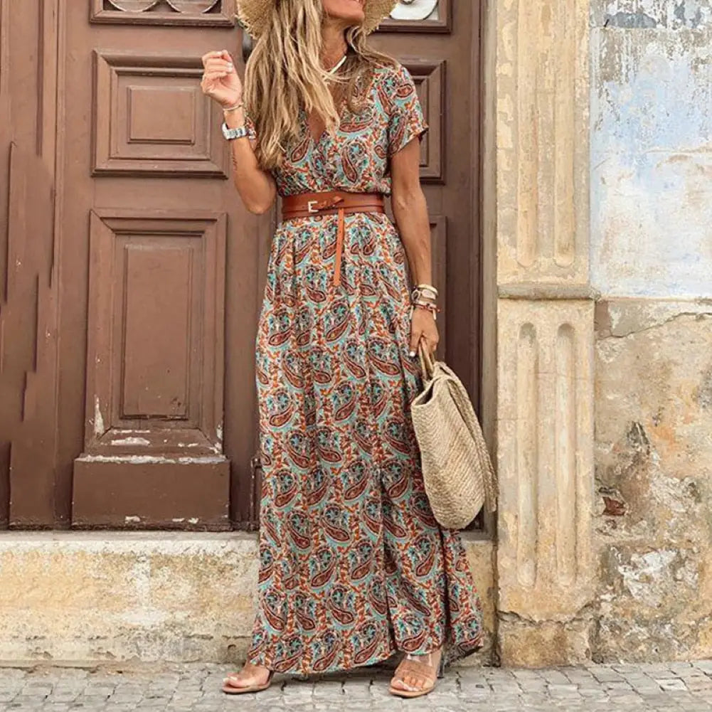 Women’s paisley print long dress with V-neck, short sleeves, and belt for summer beachwear