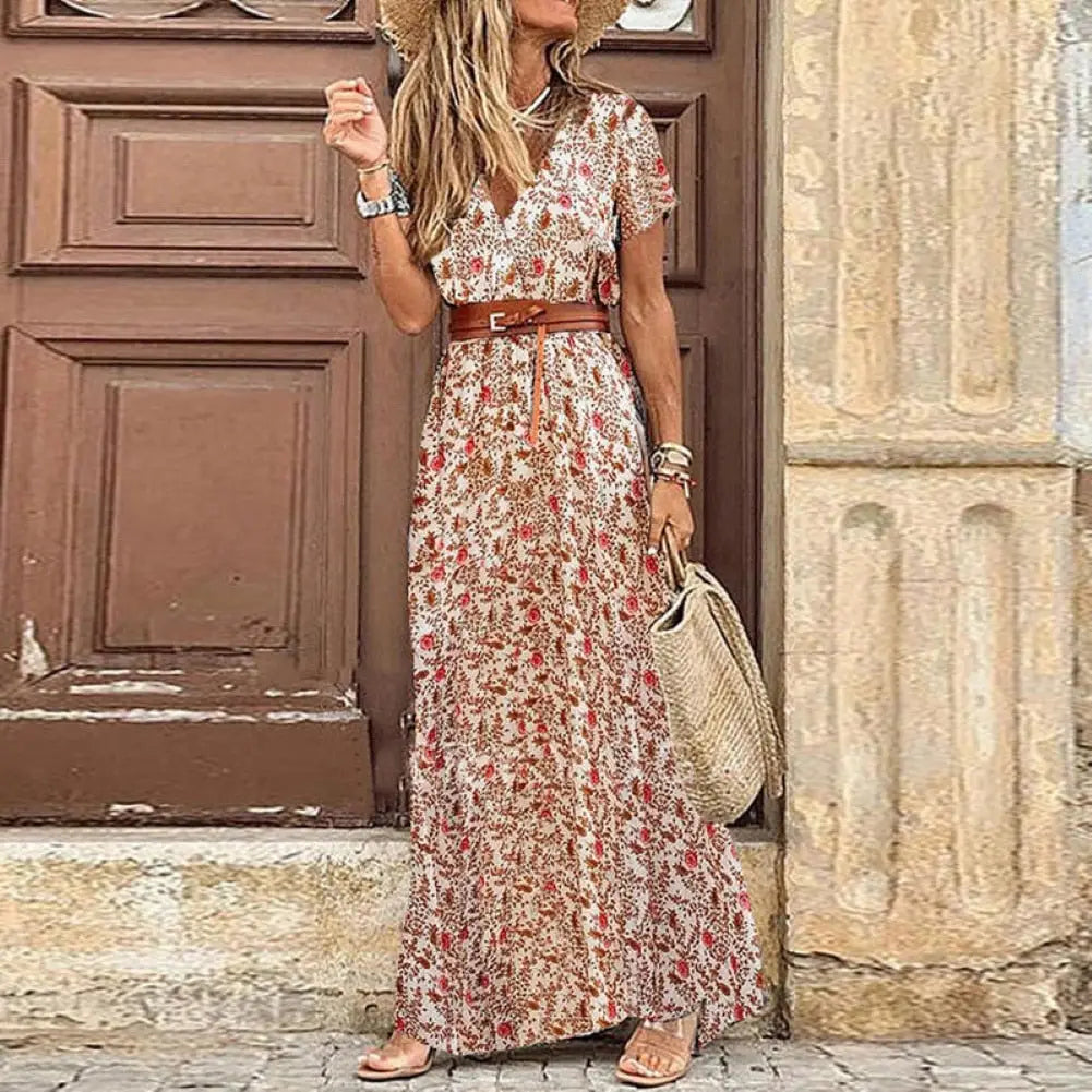 Women’s floral paisley print long dress with V-neck, short sleeves, belt, and straw tote