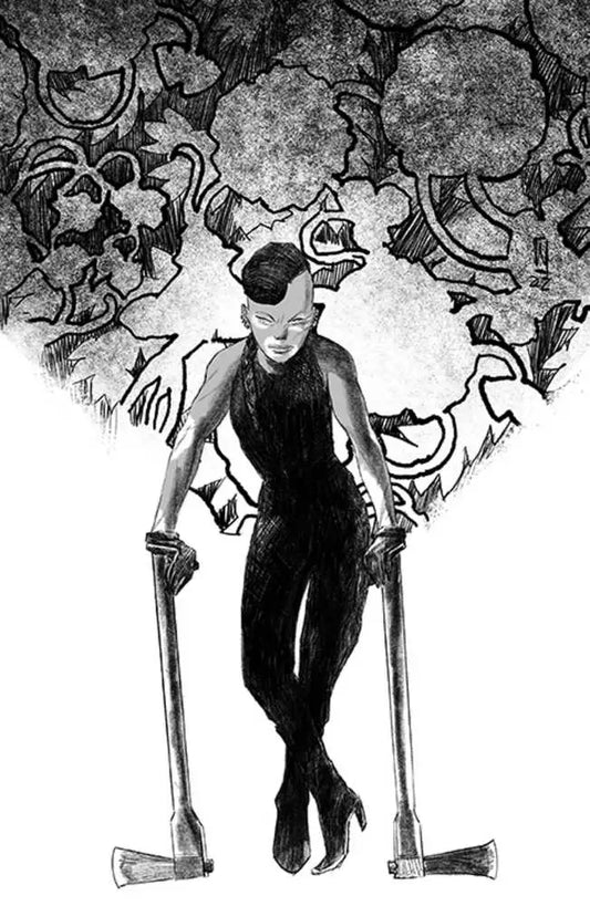 Figure in black attire with crutches on House Of Slaughter #14 Cover F variant trading cards