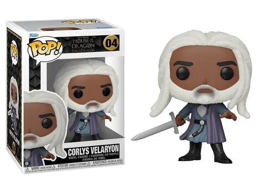 Funko Pop of dark-skinned Corlys Velaryon with white hair in purple robes and sword