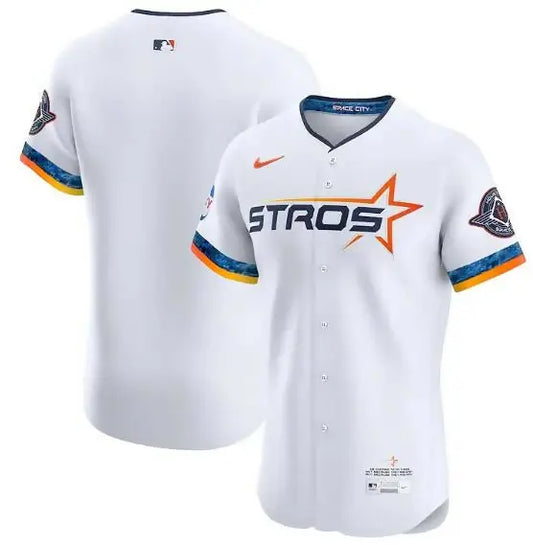 White Houston Astros Nike 2025 City Connect Elite Baseball Jersey display