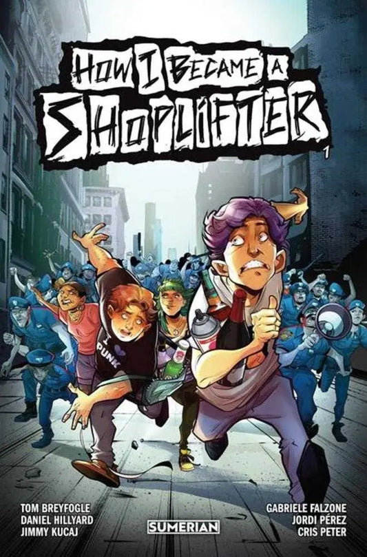 Comic book cover How I Became a Shoplifter with cartoon characters in urban setting