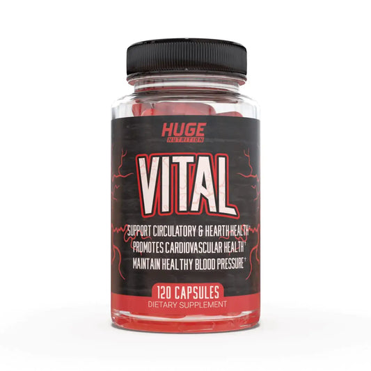 Bottle of Vital dietary supplement capsules for blood pressure support and healthy circulation