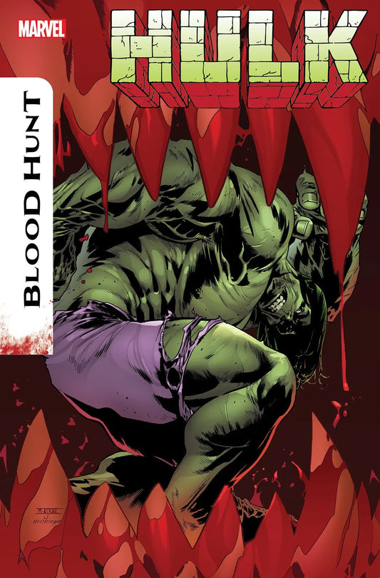 Muscular Hulk figure leaping in Hulk: Blood Hunt #1 Mahmud Asrar Variant trading cards
