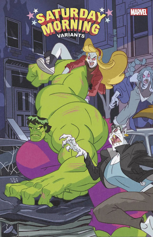 Cartoon Hulk in purple shorts dancing for Blood Hunt trading cards variant cover