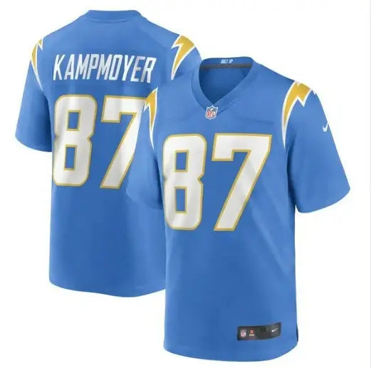Blue Los Angeles Chargers NFL jersey with number 87, Hunter Kampmoyer Nike game player jersey