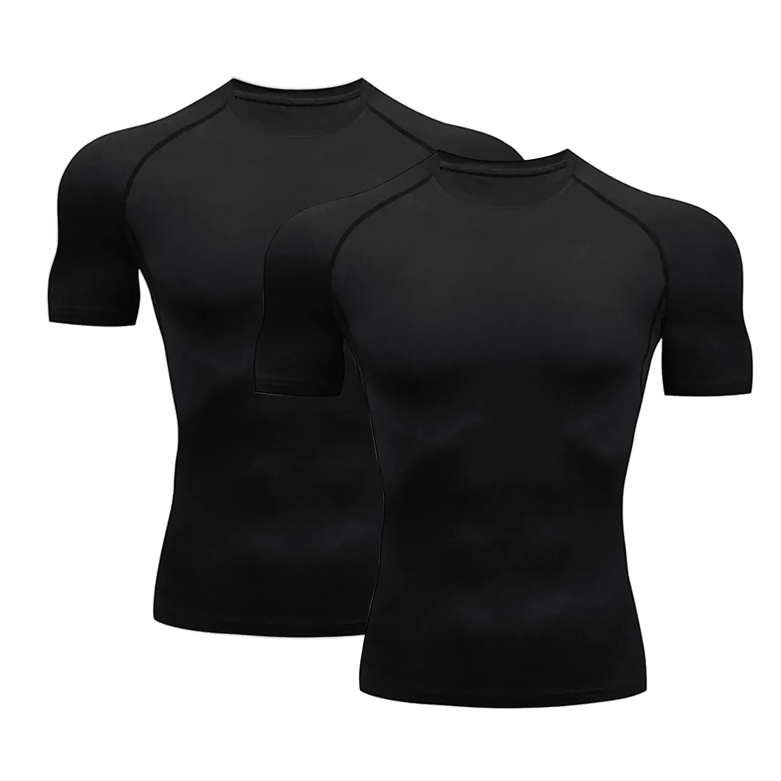 Two black mens compression shirts short sleeve athletic workout T-shirts for sports