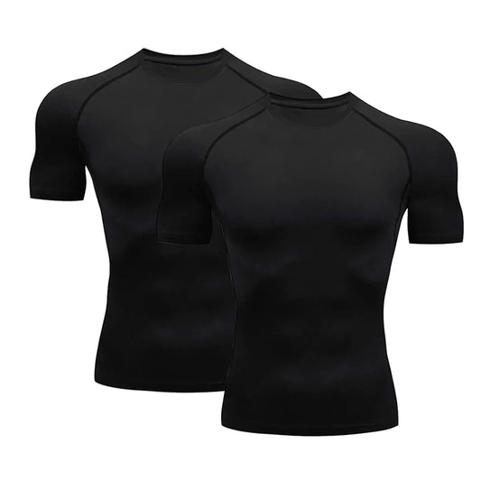 Two black mens compression shirts short sleeve athletic workout T-shirts for sports