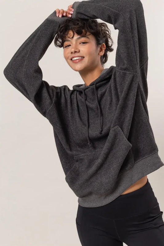 HYFVE Brushed Long Sleeve Hoodie with Kangaroo Pocket - Charcoal / S