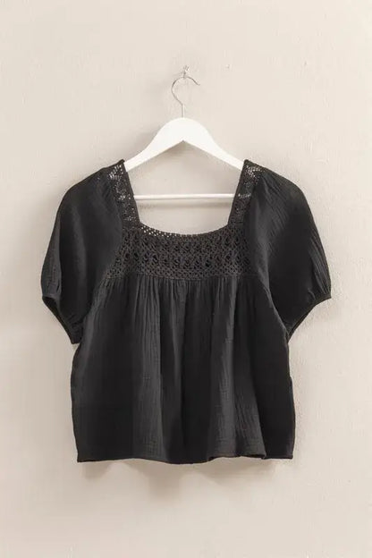 HYFVE Crochet Detail Puff Sleeve Peasant Top