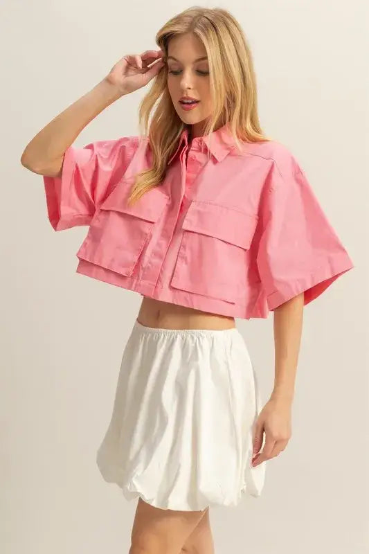 HYFVE Front Pockets Poplin Collared Neck Crop Shirt