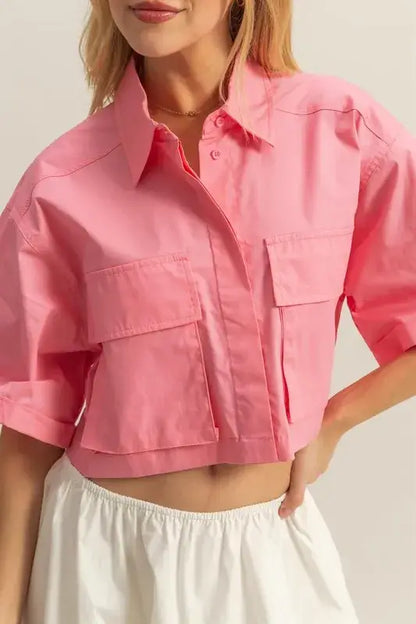 HYFVE Front Pockets Poplin Collared Neck Crop Shirt