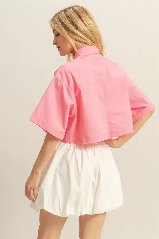 HYFVE Front Pockets Poplin Collared Neck Crop Shirt