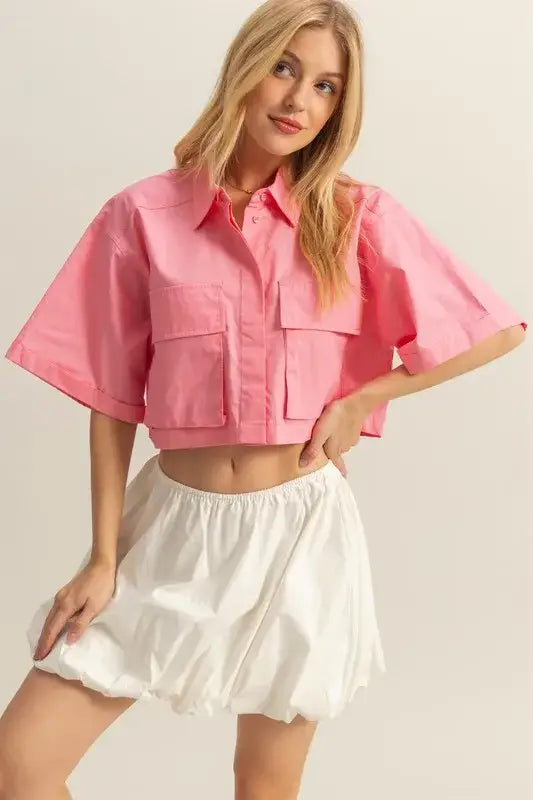 HYFVE Front Pockets Poplin Collared Neck Crop Shirt - Burnt Coral / S