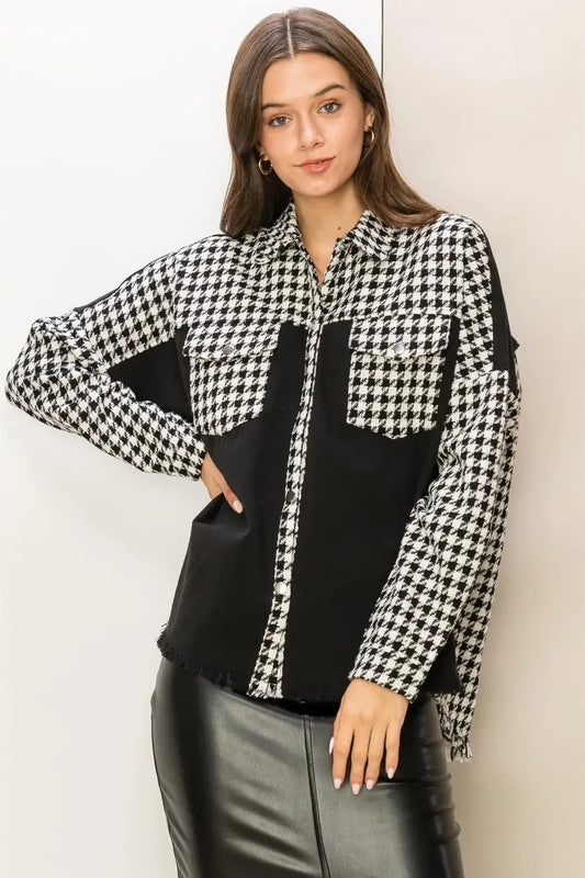 Black and white houndstooth contrast raw hem blouse with long sleeves from HYFVE