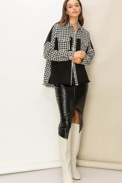HYFVE Houndstooth Contrast Raw Hem Jacket with white and black pattern and frayed hem