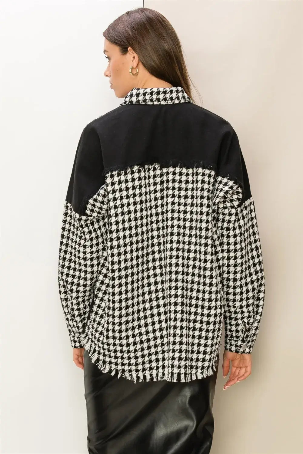 HYFVE Houndstooth Contrast Raw Hem Jacket with black and white woven fabric