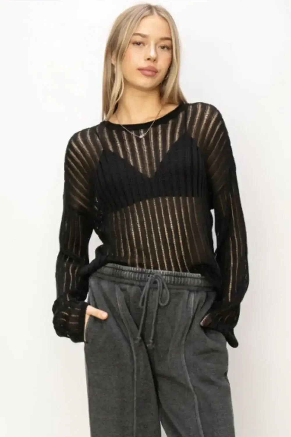 HYFVE Openwork Ribbed Long Sleeve Knit Top - Black / S