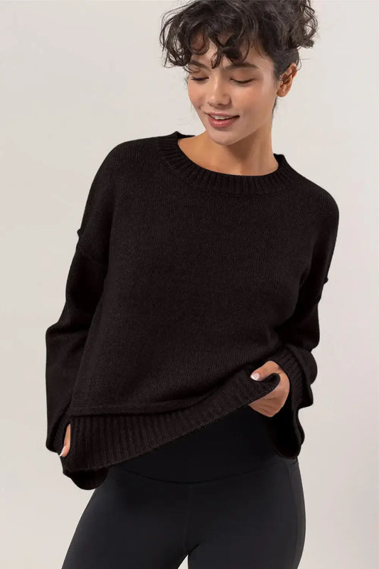 HYFVE Round Neck Dropped Shoulder Ribbed Sweater - Black / S
