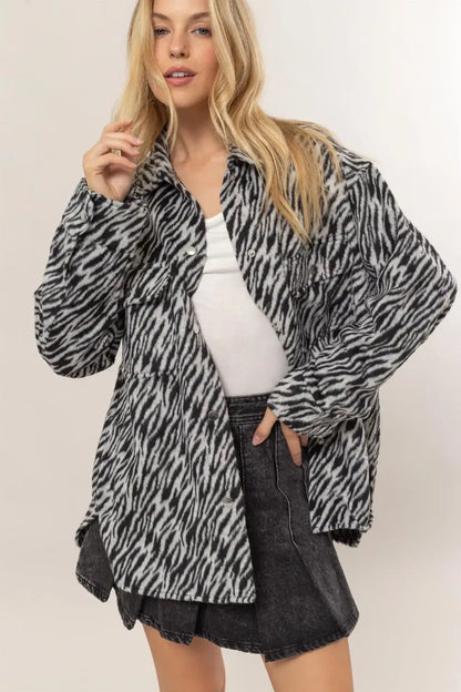 HYFVE Zebra Print Snap Down Long Sleeve Shacket - Black / S - Sweaters & Cardigans/Cardigans