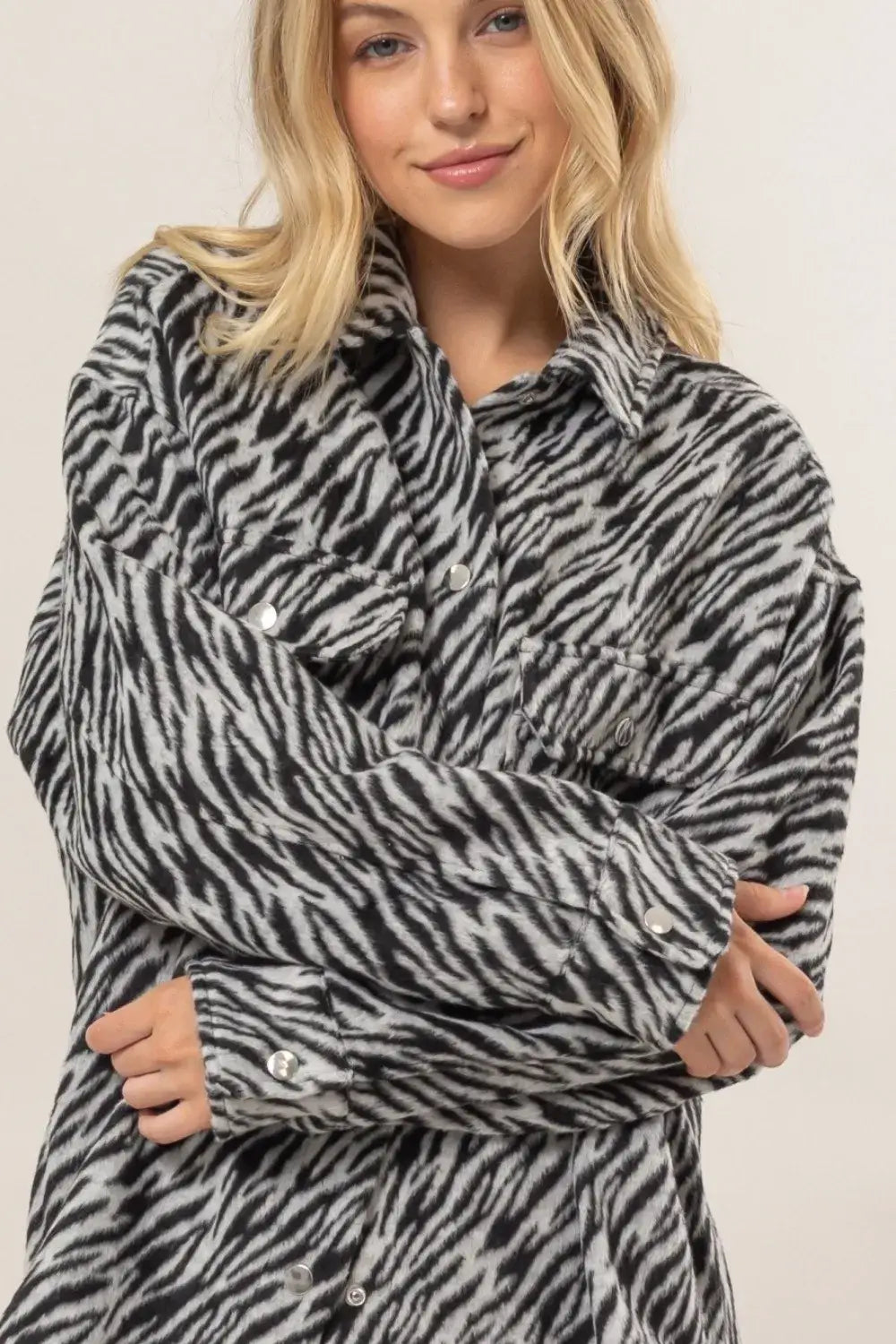 HYFVE Zebra Print Snap Down Long Sleeve Shacket - Sweaters & Cardigans/Cardigans
