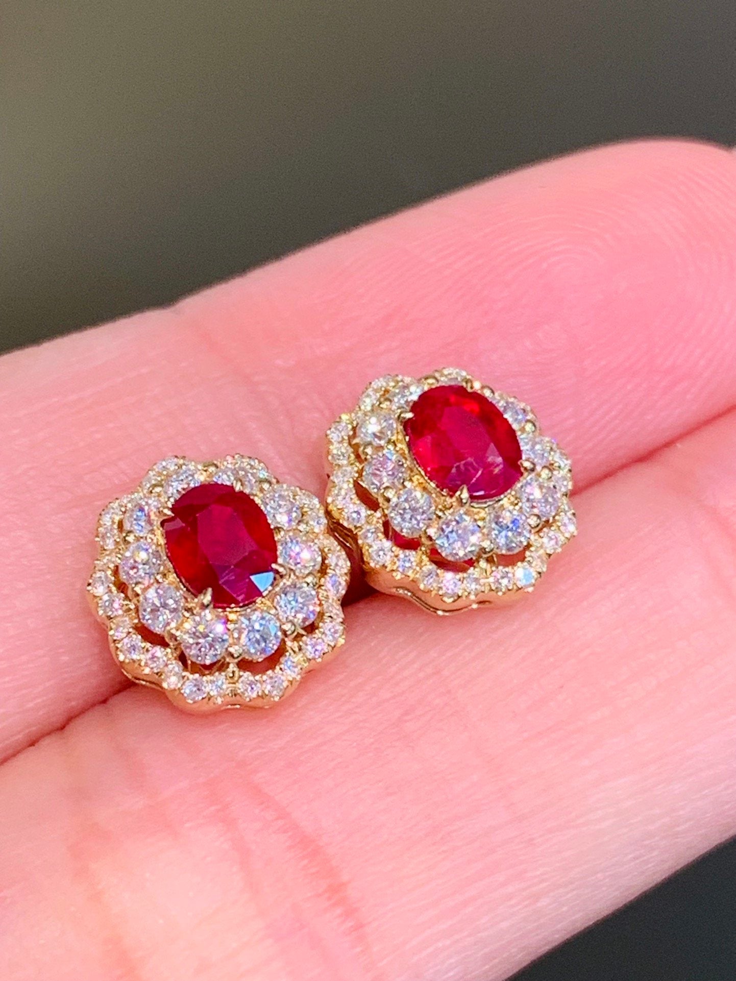 18K Gold Ruby Stud Earrings, Classic Style