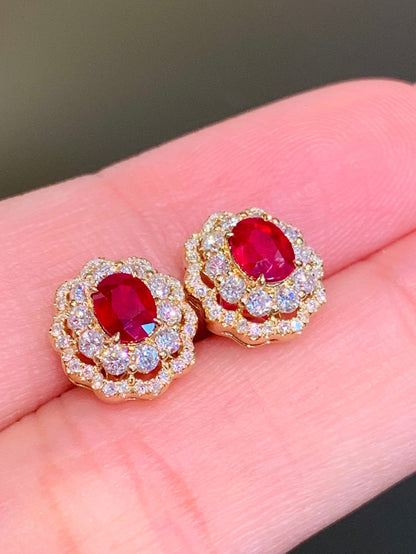 18K Gold Ruby Stud Earrings, Classic Style