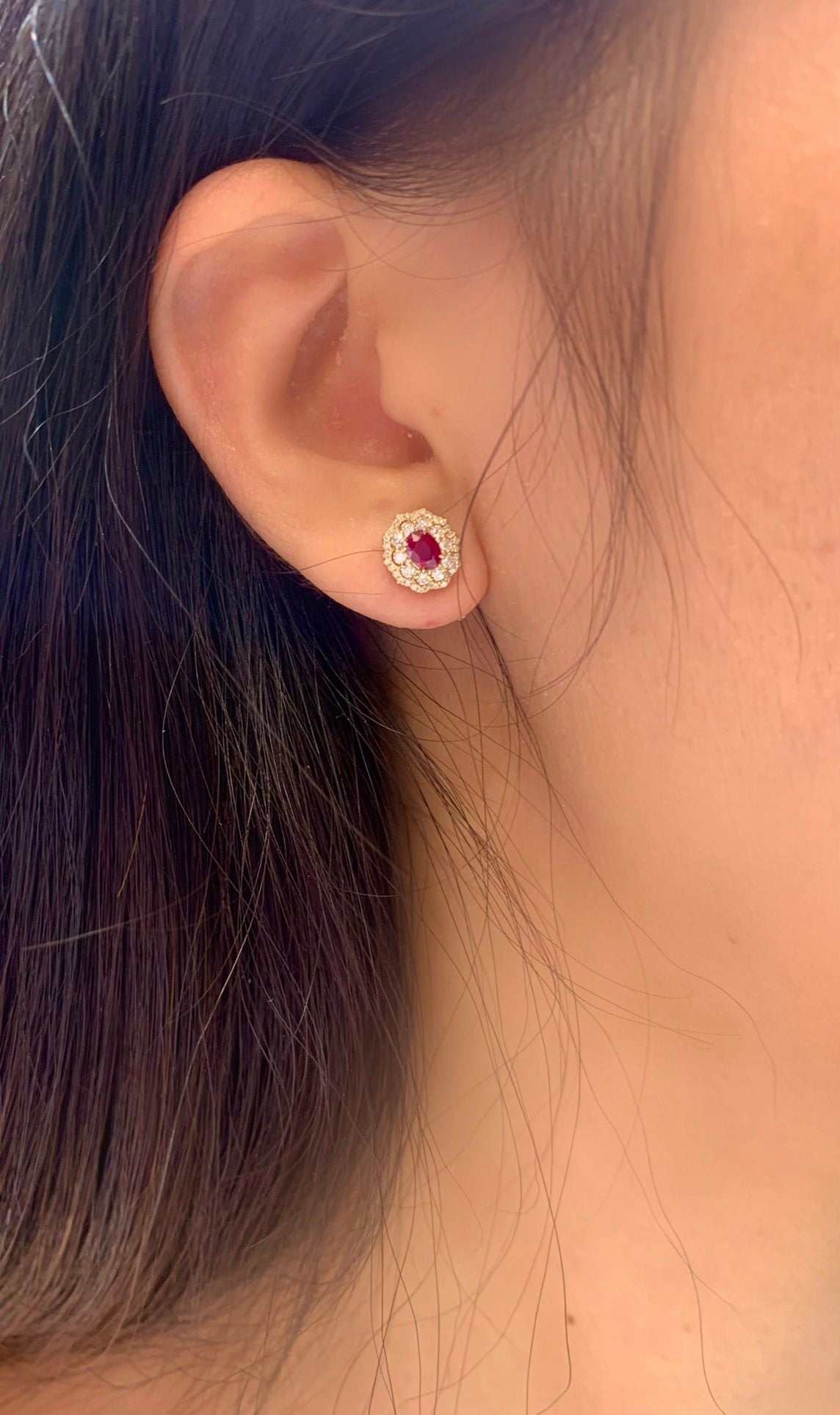 18K Gold Ruby Stud Earrings, Classic Style
