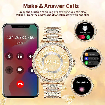 Gold-toned i58 Diamond Women Smartwatch with diamond bezel, floral display, and call feature