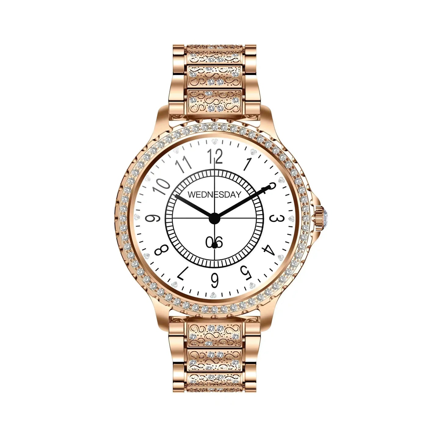 I58 Diamond Women Smartwatch with rose gold tone, diamond bezel, white dial, fitness tracker