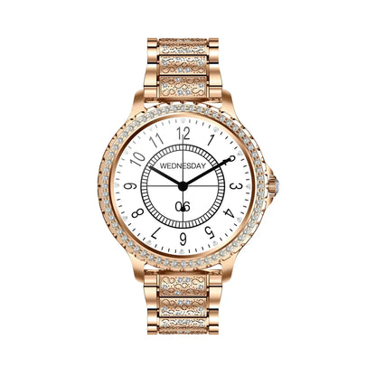 I58 Diamond Women Smartwatch with rose gold tone, diamond bezel, white dial, fitness tracker