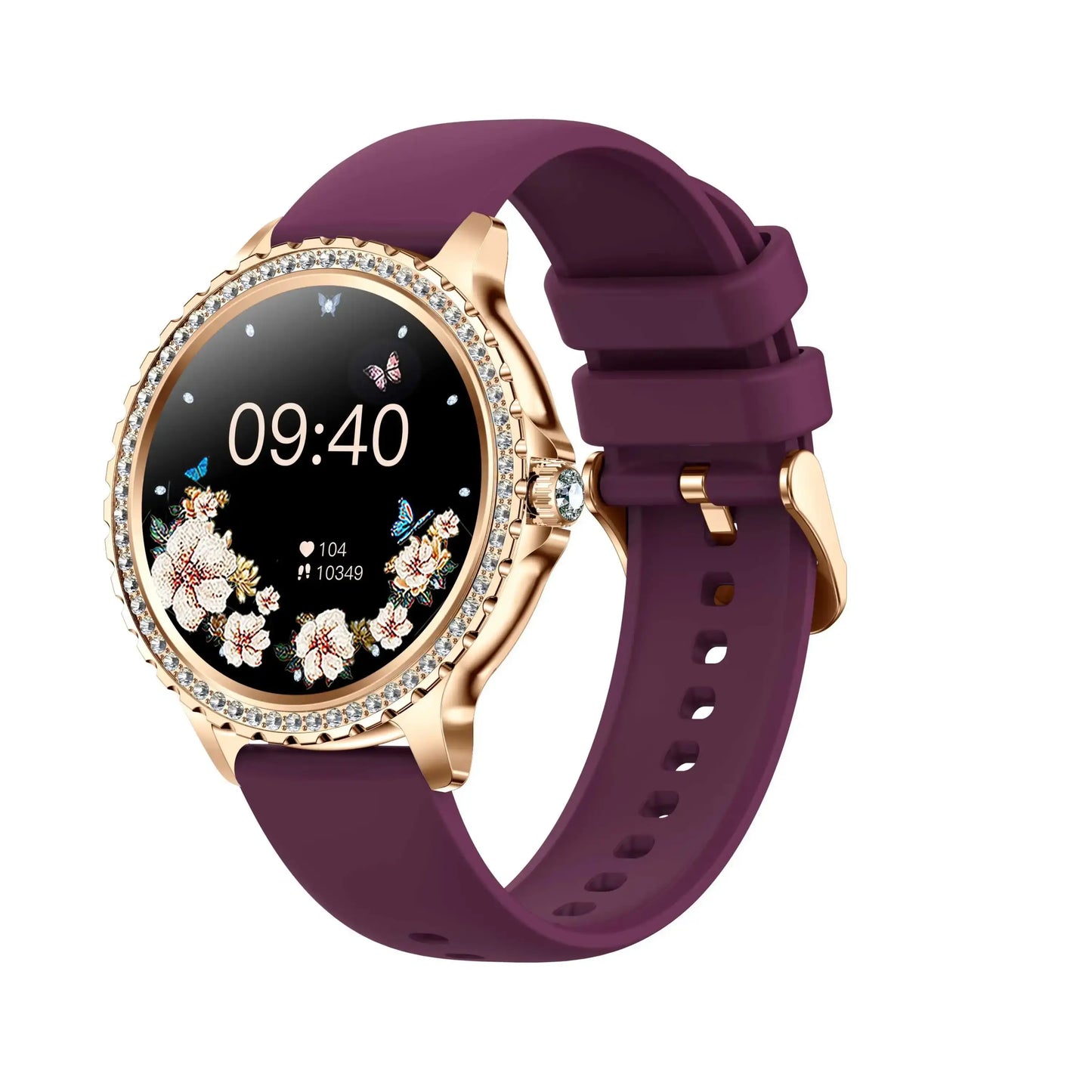 I58 Diamond Women Smartwatch with gold frame, floral display, and fitness tracking
