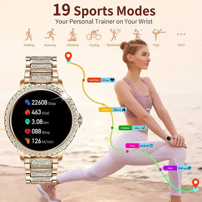 Gold-toned i58 Diamond Women Smartwatch with diamond bezel and strap for fitness and calls