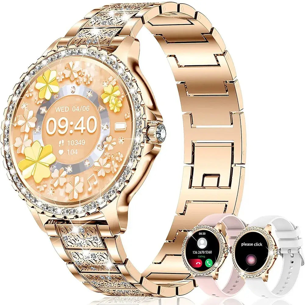 Rose gold i58 Diamond Women Smartwatch with diamond bezel floral face for fitness and calls