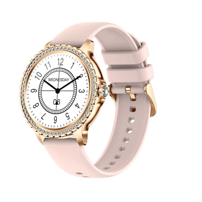 I58 Diamond Women Smartwatch with rose gold finish, sparkling bezel, and pink silicone band