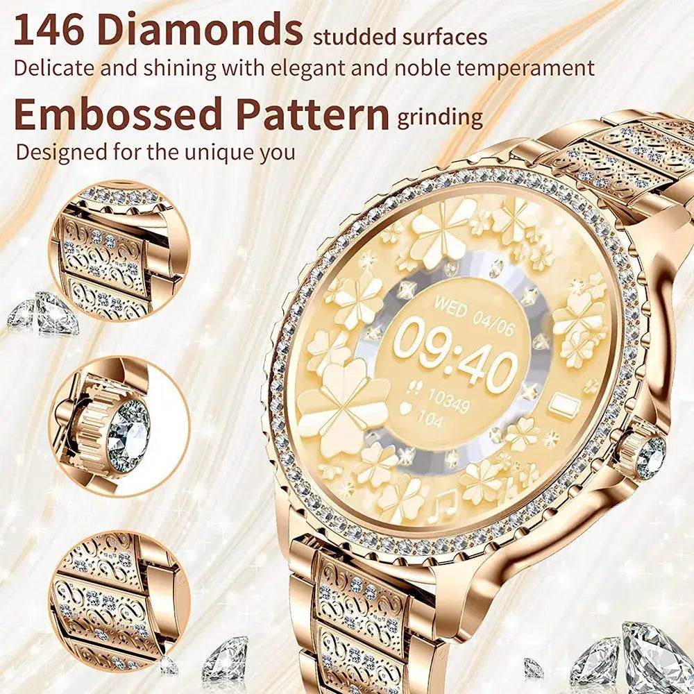 I58 Diamond Women Smartwatch with diamonds floral pattern, fitness tracker, and BT dial