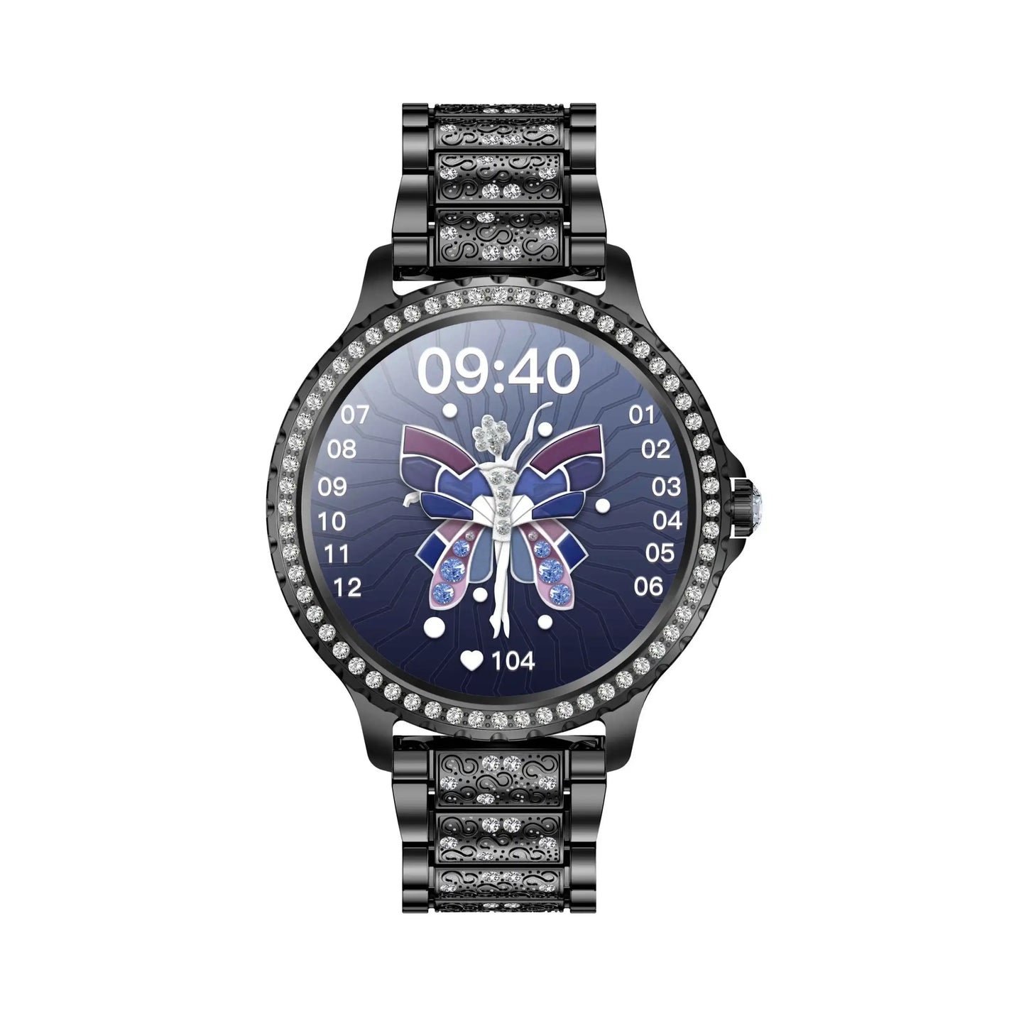 Black i58 Diamond Women Smartwatch with butterfly display, fitness tracker, and BT dial