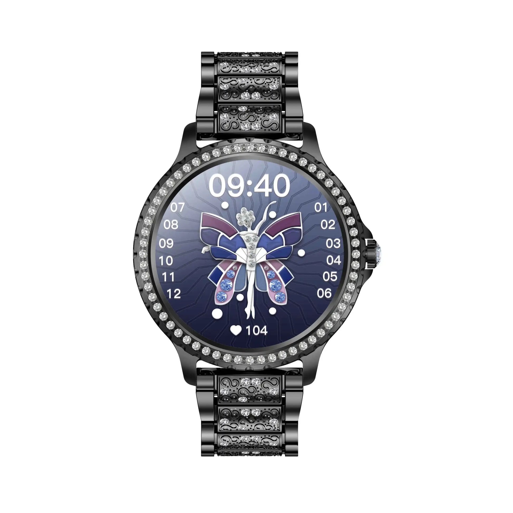 Black i58 Diamond Women Smartwatch with butterfly display, fitness tracker, and BT dial