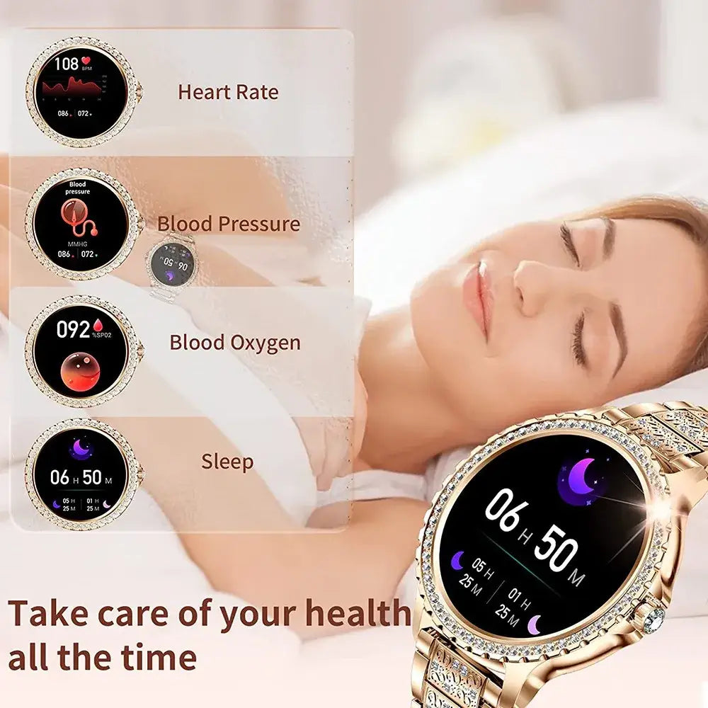 I58 Diamond Women Smartwatch with diamond bezel, health tracking, and music playback
