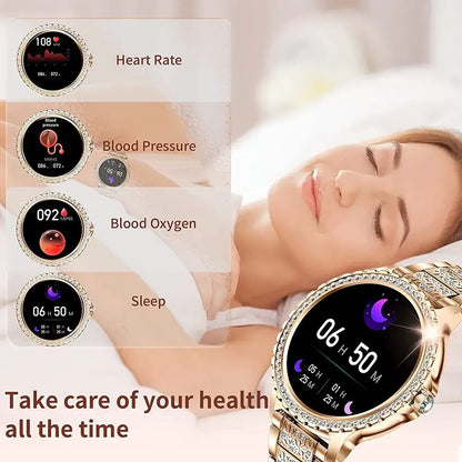 I58 Diamond Women Smartwatch with diamond bezel, health tracking, and music playback