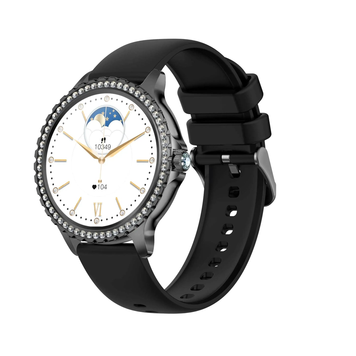 Black i58 Diamond Women Smartwatch with white face gold hands and diamond bezel