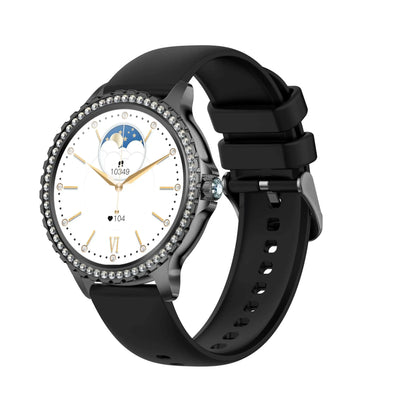 Black i58 Diamond Women Smartwatch with white face gold hands and diamond bezel