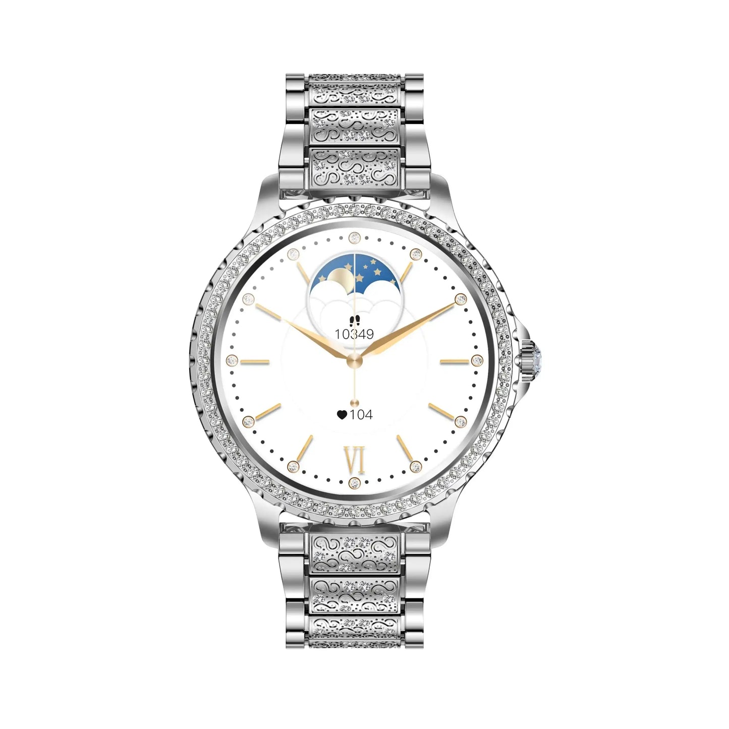 I58 Diamond Women Smartwatch with diamond bezel, moon phase, and fitness tracking